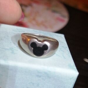 Disney Silver 925 Vintage Ring Size 4 with Black Mickey Mouse Design